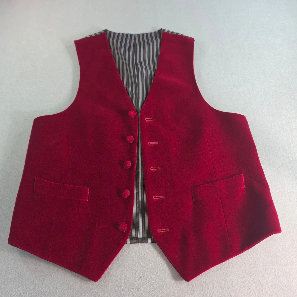 Vintage Red Velvet Waistcoat Vest Mens Striped Back Cinch Formal Holiday Red